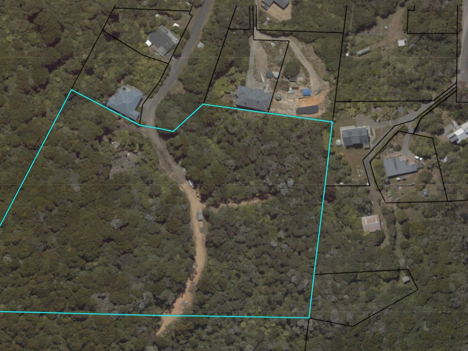 Aerial view showing the boundary of the 2.28 hectare block at 20 Kaka Ridge Road, Stewart Island