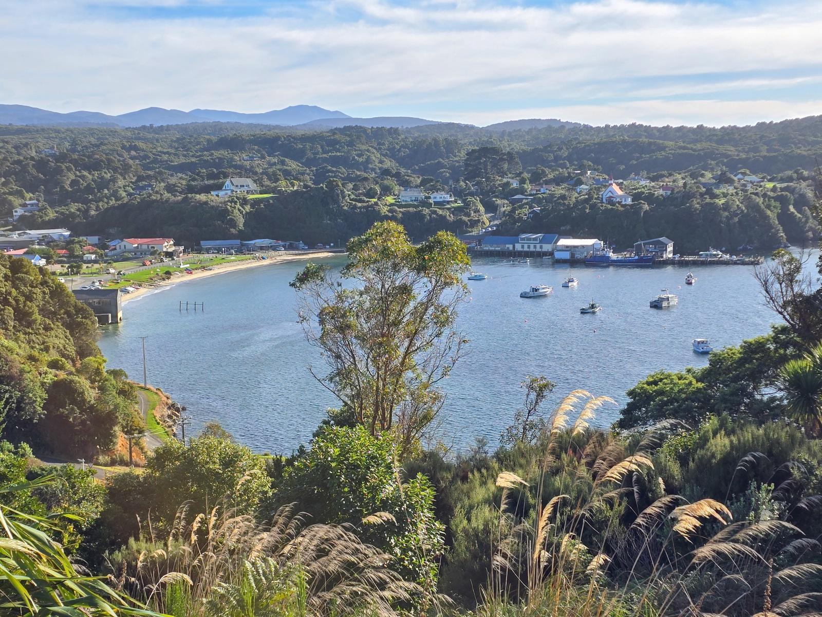 Halfmoon Bay beach, wharf and township seen from the section at 23 Petersons Hill Road