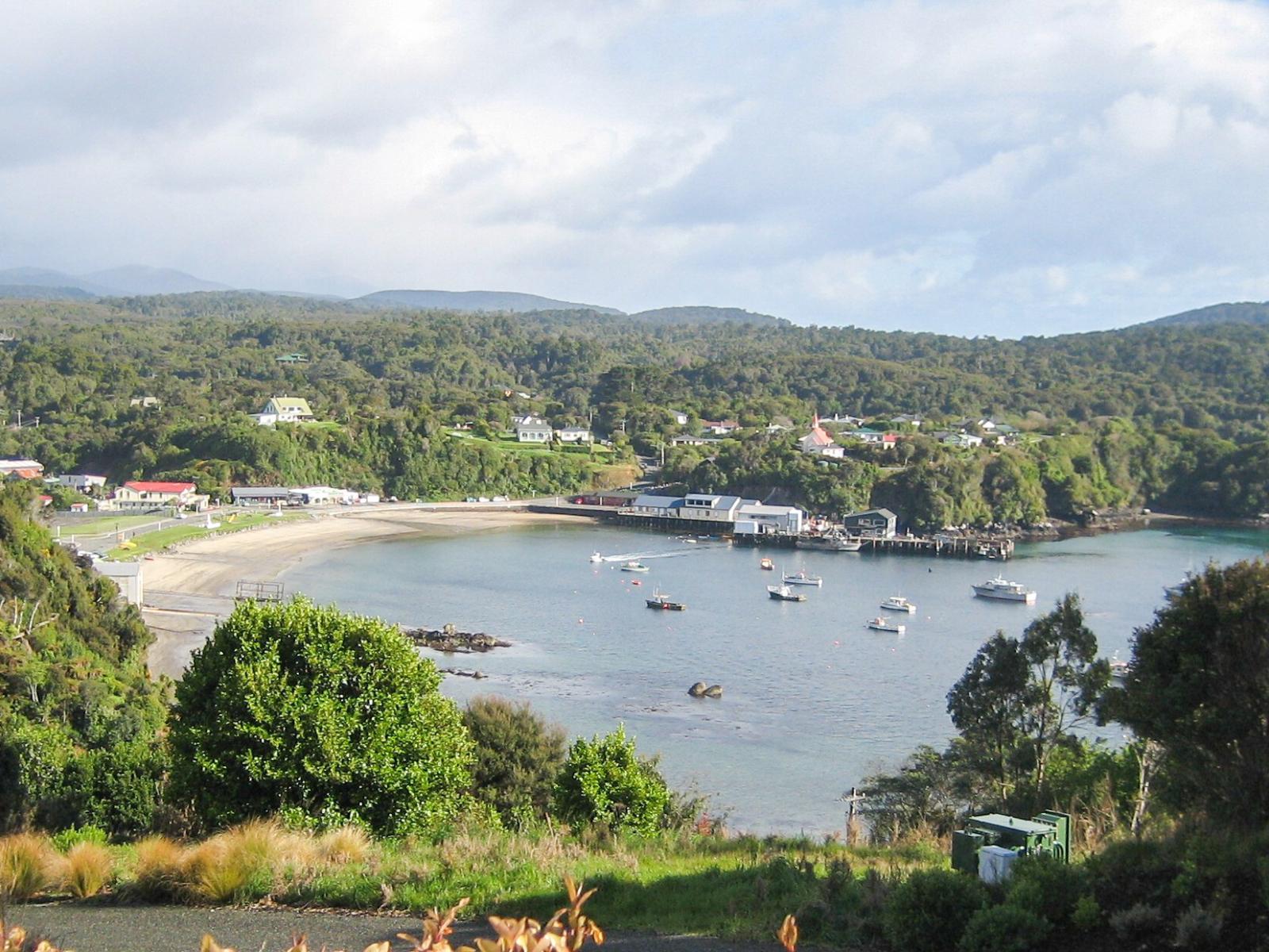 Panoramic view over Halfmoon Bay and the Oban township from 23 Petersons Hill Road, Stewart Island